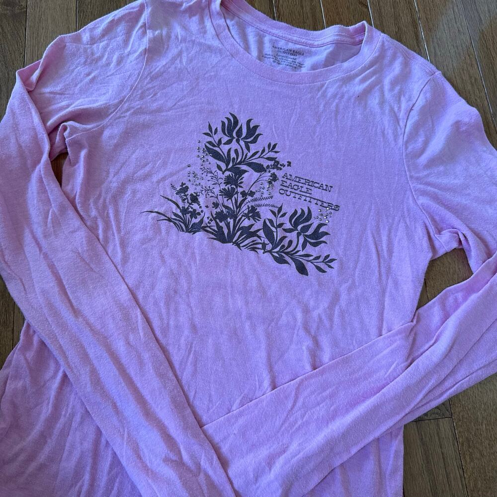 Y2K Pink American Eagle Long Sleeve T-Shirt 100% Cotton Floral Bedazzled Graphic